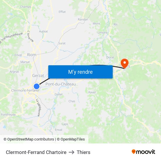 Clermont-Ferrand Chartoire to Thiers map