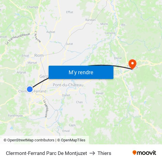 Clermont-Ferrand Parc De Montjuzet to Thiers map