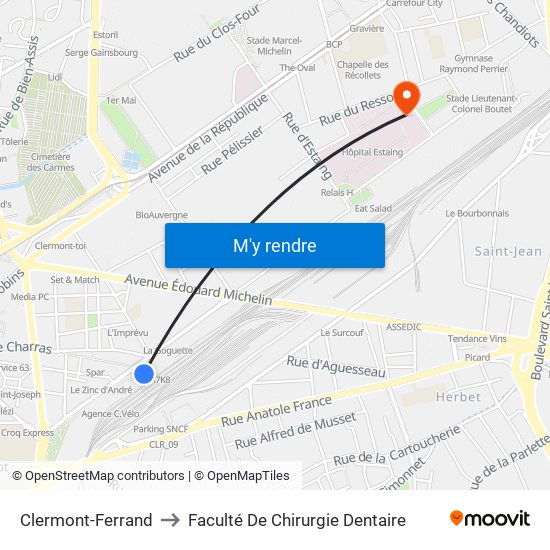 Clermont-Ferrand to Faculté De Chirurgie Dentaire map