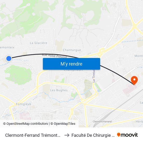 Clermont-Ferrand Trémonteix Charcot to Faculté De Chirurgie Dentaire map