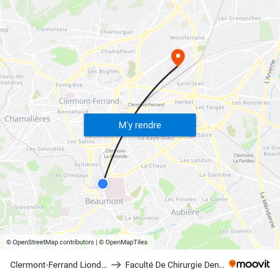 Clermont-Ferrand Liondards to Faculté De Chirurgie Dentaire map