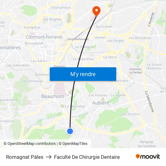 Romagnat Pâles to Faculté De Chirurgie Dentaire map