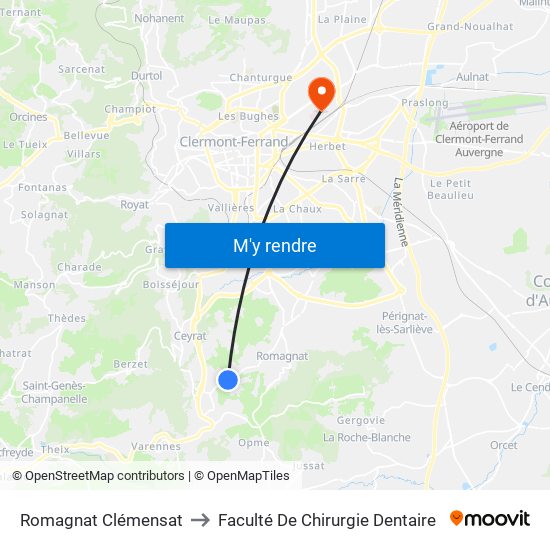 Romagnat Clémensat to Faculté De Chirurgie Dentaire map