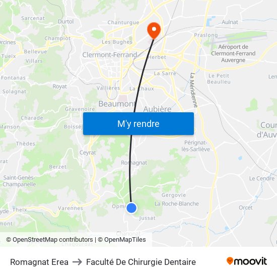 Romagnat Erea to Faculté De Chirurgie Dentaire map