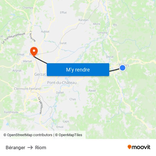 Béranger to Riom map