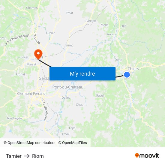 Tamier to Riom map