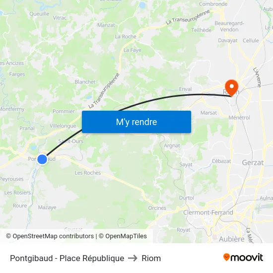 Pontgibaud - Place République to Riom map