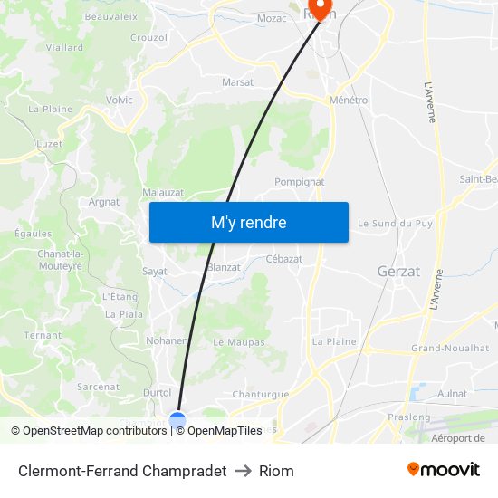 Clermont-Ferrand Champradet to Riom map