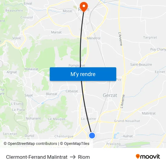 Clermont-Ferrand Malintrat to Riom map