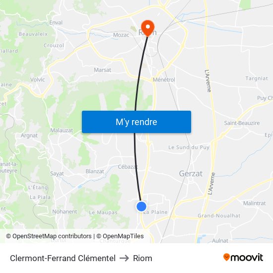 Clermont-Ferrand Clémentel to Riom map