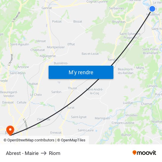 Abrest - Mairie to Riom map