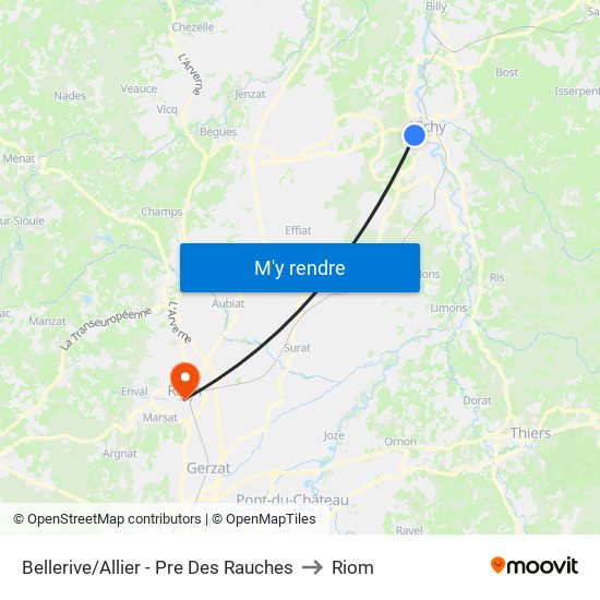 Bellerive/Allier - Pre Des Rauches to Riom map