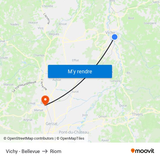 Vichy - Bellevue to Riom map