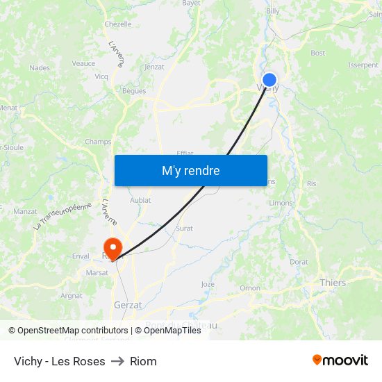 Vichy - Les Roses to Riom map