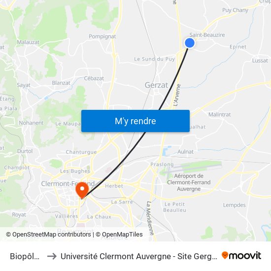 Biopôle to Université Clermont Auvergne - Site Gergovia map