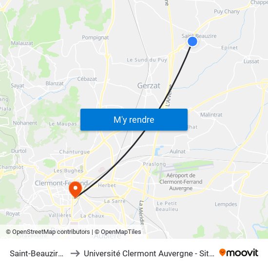 Saint-Beauzire Lilas to Université Clermont Auvergne - Site Gergovia map