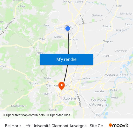 Bel Horizon to Université Clermont Auvergne - Site Gergovia map