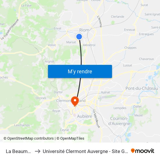 La Beaumette to Université Clermont Auvergne - Site Gergovia map