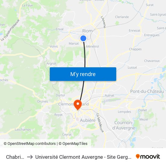 Chabrier to Université Clermont Auvergne - Site Gergovia map