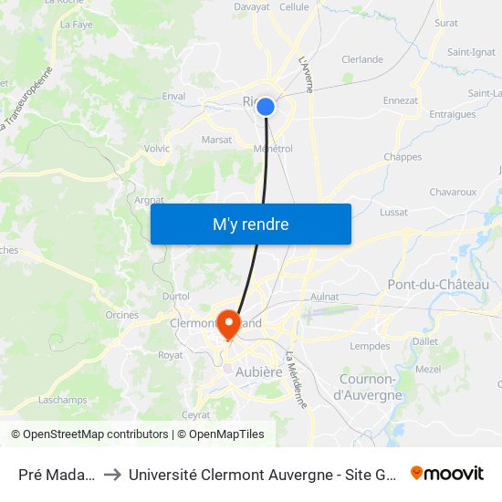 Pré Madame to Université Clermont Auvergne - Site Gergovia map