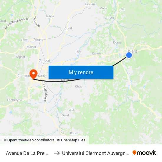 Avenue De La Première Armée to Université Clermont Auvergne - Site Gergovia map