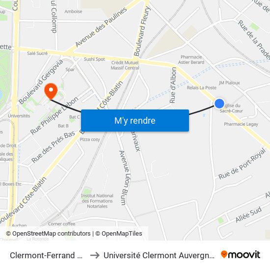 Clermont-Ferrand Sacré Coeur to Université Clermont Auvergne - Site Gergovia map