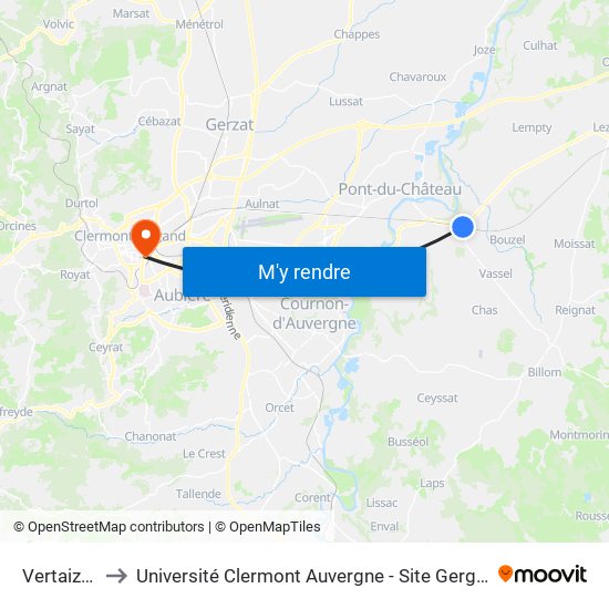 Vertaizon to Université Clermont Auvergne - Site Gergovia map