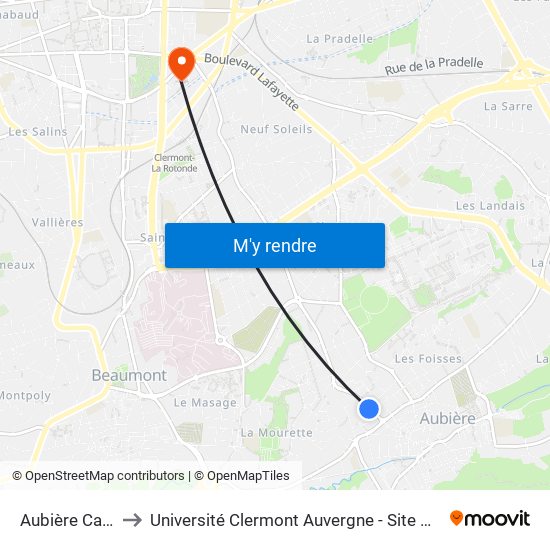 Aubière Casati to Université Clermont Auvergne - Site Gergovia map