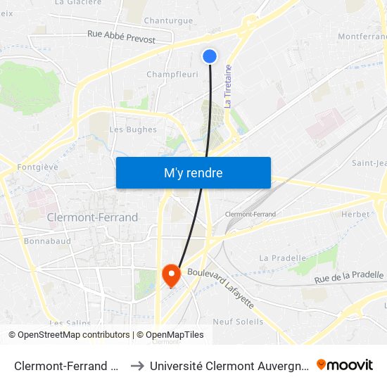 Clermont-Ferrand Chanteranne to Université Clermont Auvergne - Site Gergovia map