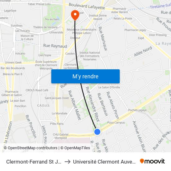 Clermont-Ferrand St Jacques Loucheur to Université Clermont Auvergne - Site Gergovia map