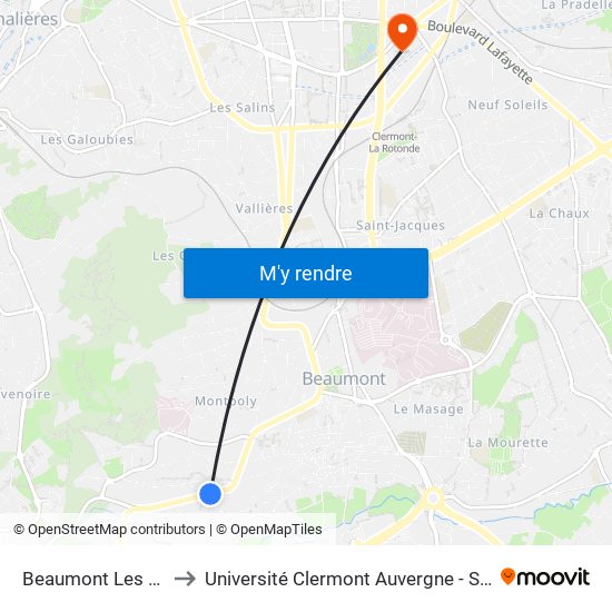 Beaumont Les Roches to Université Clermont Auvergne - Site Gergovia map