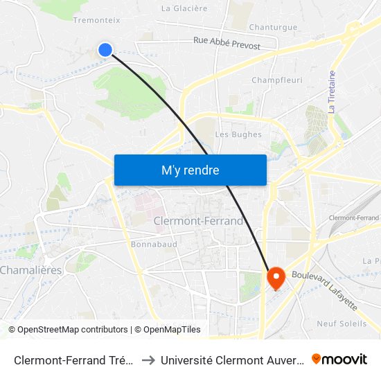 Clermont-Ferrand Trémonteix Charcot to Université Clermont Auvergne - Site Gergovia map