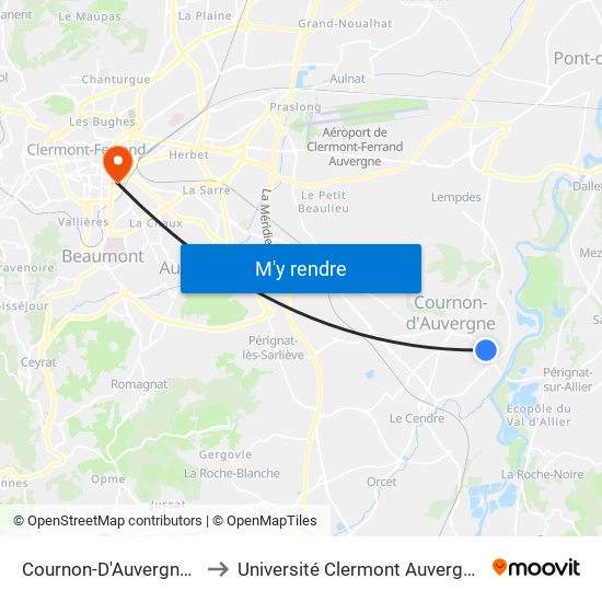 Cournon-D'Auvergne Av. Du Pont to Université Clermont Auvergne - Site Gergovia map