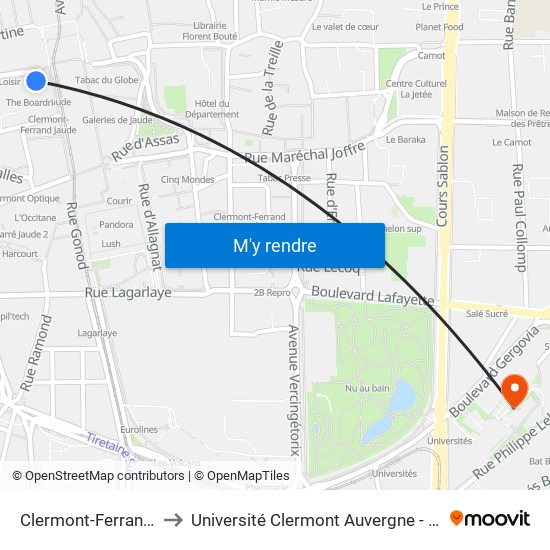 Clermont-Ferrand Jaude to Université Clermont Auvergne - Site Gergovia map