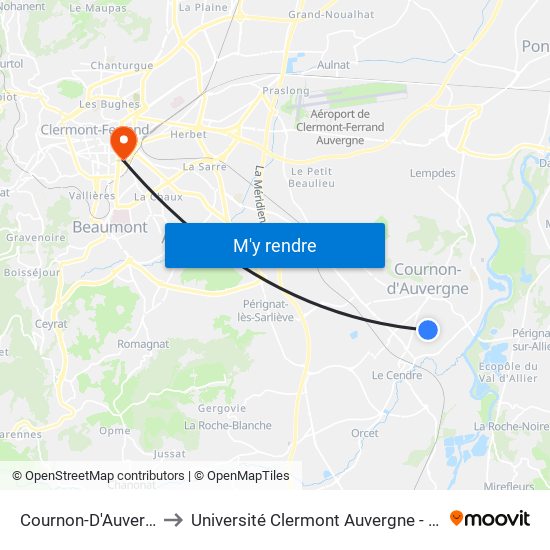 Cournon-D'Auvergne Lac to Université Clermont Auvergne - Site Gergovia map