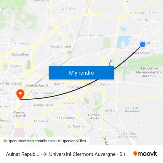 Aulnat République to Université Clermont Auvergne - Site Gergovia map