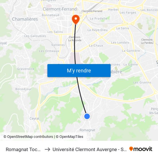 Romagnat Tocqueville to Université Clermont Auvergne - Site Gergovia map
