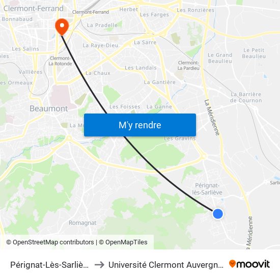 Pérignat-Lès-Sarliève Bonneval to Université Clermont Auvergne - Site Gergovia map