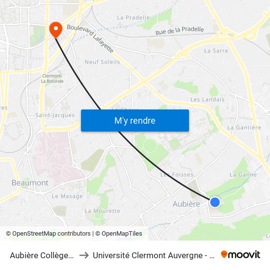 Aubière Collège J. Curie to Université Clermont Auvergne - Site Gergovia map