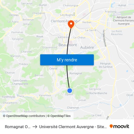 Romagnat Opme to Université Clermont Auvergne - Site Gergovia map