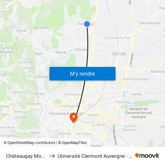 Châteaugay Montquerier to Université Clermont Auvergne - Site Gergovia map