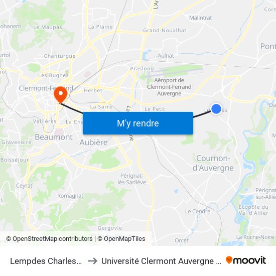 Lempdes Charles De Gaulle to Université Clermont Auvergne - Site Gergovia map