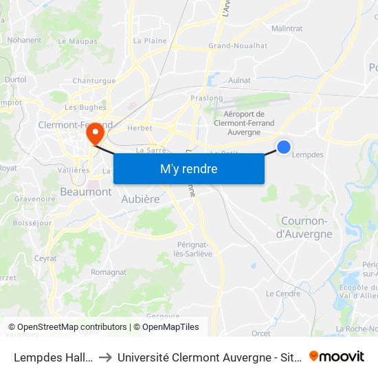 Lempdes Hallstadt to Université Clermont Auvergne - Site Gergovia map