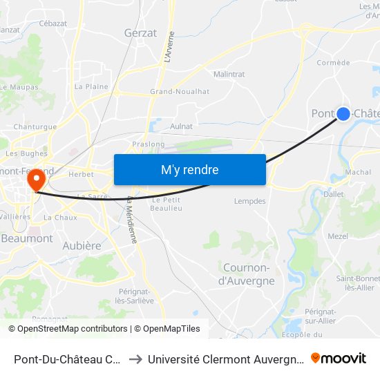Pont-Du-Château Croix Blanche to Université Clermont Auvergne - Site Gergovia map