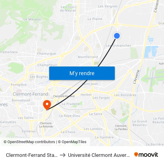 Clermont-Ferrand Stade Gravanches to Université Clermont Auvergne - Site Gergovia map