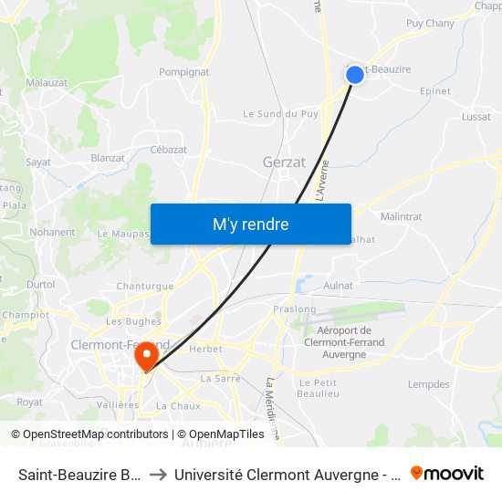 Saint-Beauzire Biopole 2 to Université Clermont Auvergne - Site Gergovia map