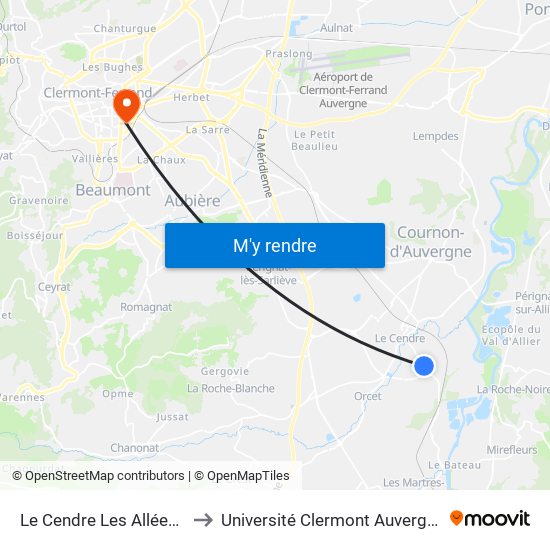 Le Cendre Les Allées D'Aussandra to Université Clermont Auvergne - Site Gergovia map