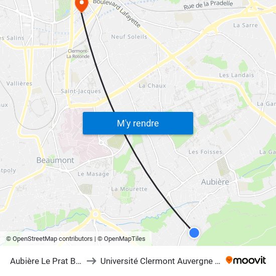 Aubière Le Prat Bâtiment F to Université Clermont Auvergne - Site Gergovia map