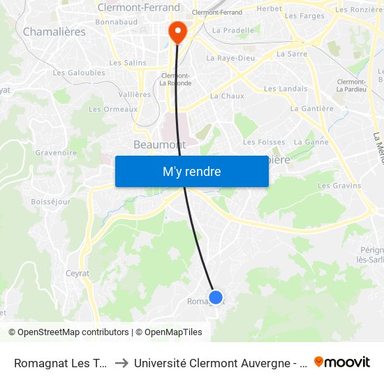 Romagnat Les Tonnelles to Université Clermont Auvergne - Site Gergovia map