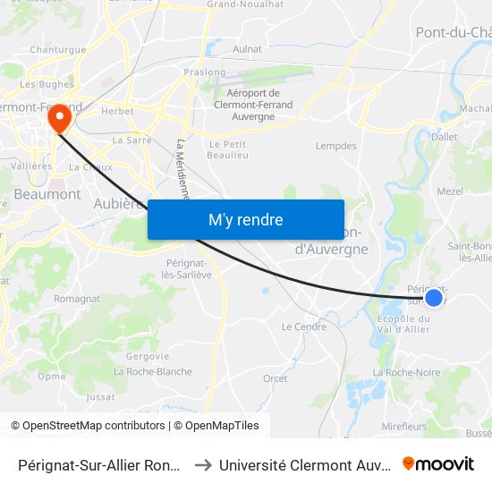 Pérignat-Sur-Allier Rond-Point De St Bonnet to Université Clermont Auvergne - Site Gergovia map